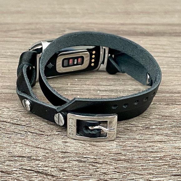 Double Wrap Black Leather Strap Silver Fitbit Charge 5 Band Women Wristband - Picture 3 of 8
